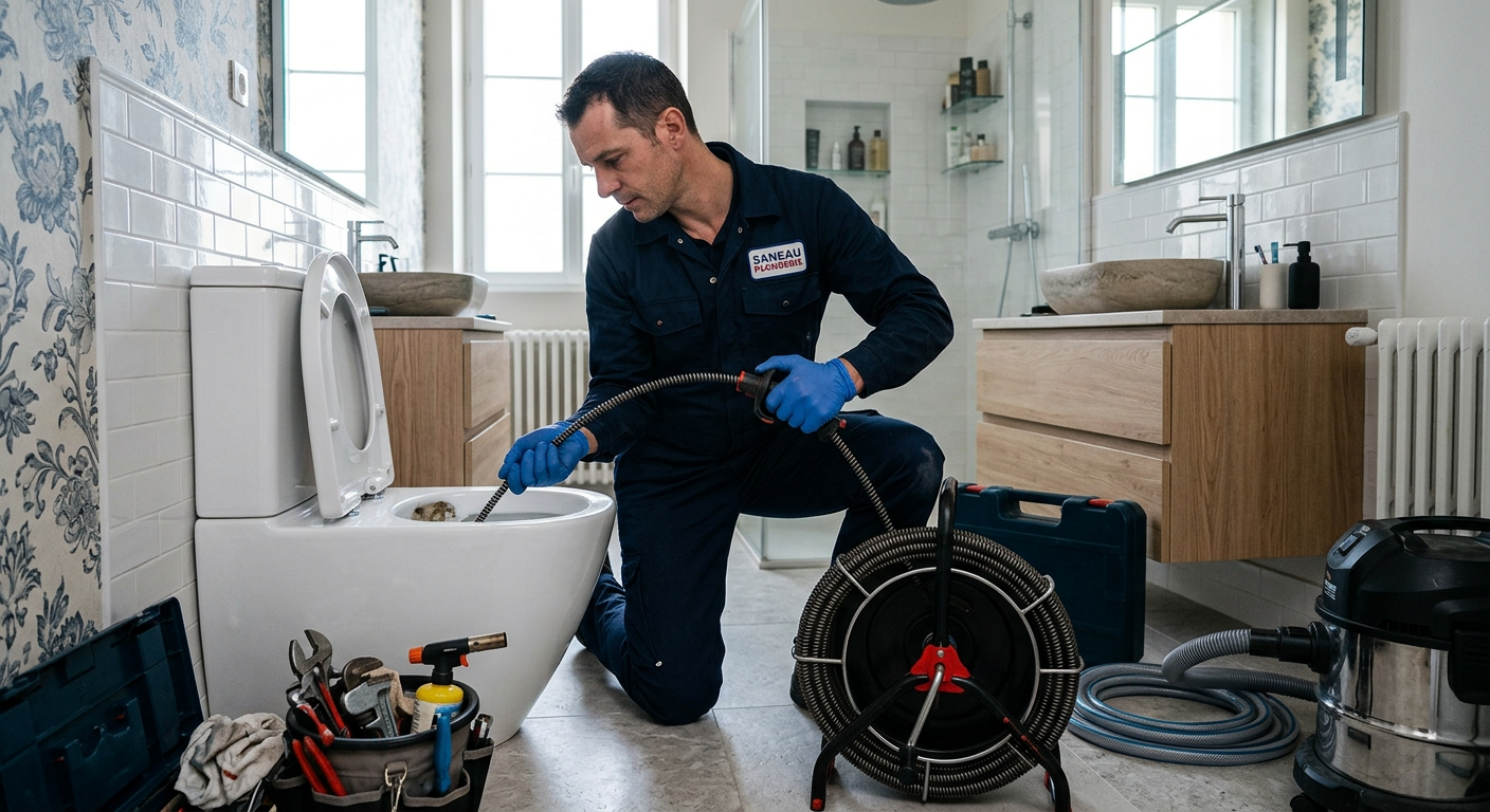 Plombier débouchant des WC avec un furet électrique à Moissy-Cramayel